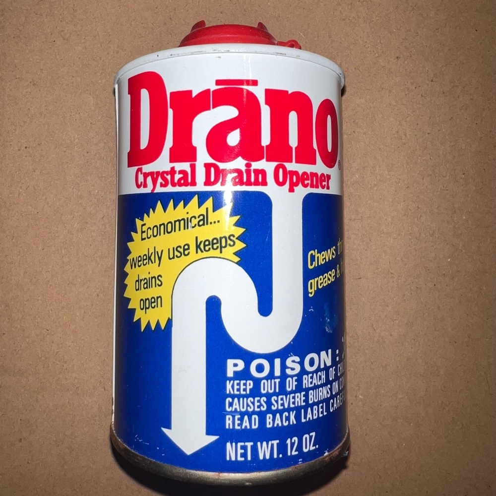 Vintage Drano Crystal Clog Drain Opener 1977 Metal Can 12oz Granules Movie Prop